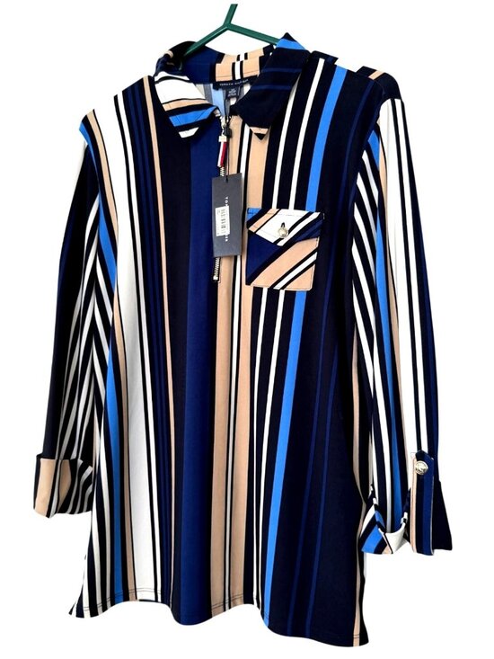 Tommy Hilfiger Tops - NWT Tommy Hilfiger Womens Striped Zip-Front Blouse Top XS Long Sleeve Blue Beige